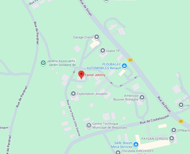 Carte routière de Ploubalay: Favrel Johnny (marker rouge), Garage Crenn, PLOUBALAY AUTOMOBILES Renault, Jardins Associatifs, rues Dinan, Perdriel.