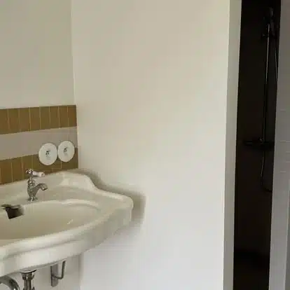 Salle de bain claire avec lavabo blanc vintage, robinetterie chromée et carreaux muraux moutarde/gris. Douche visible à droite.